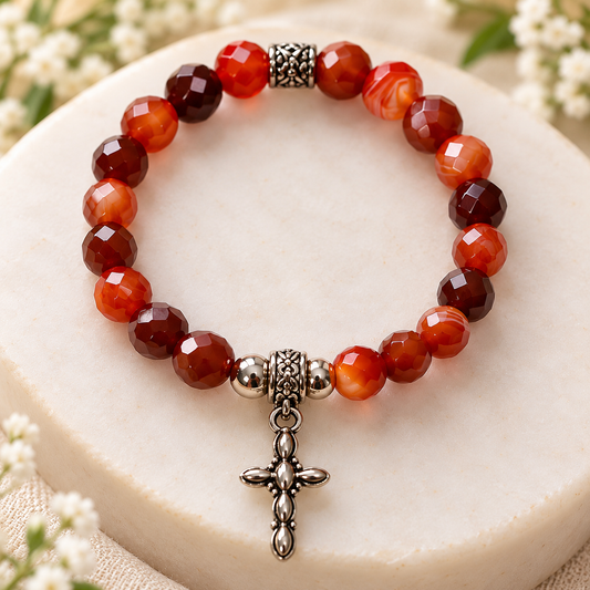 Carnelian Beaded Bracelet with Silver Cross Charm