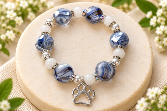 Blue & White Beaded Paw Print Charm Bracelet