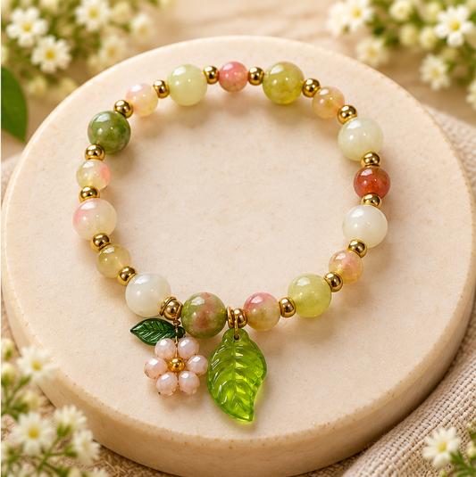 Garden Bloom Beaded Bracelet with Leaf & Flower Charms