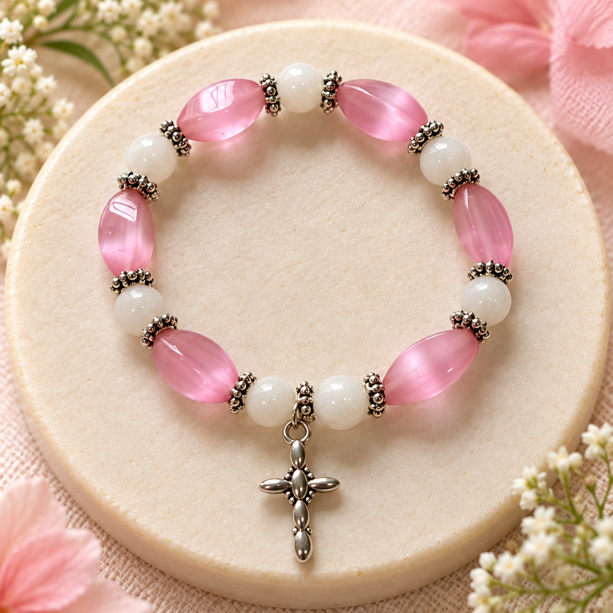 Pink and White Beaded Cross Bracelet